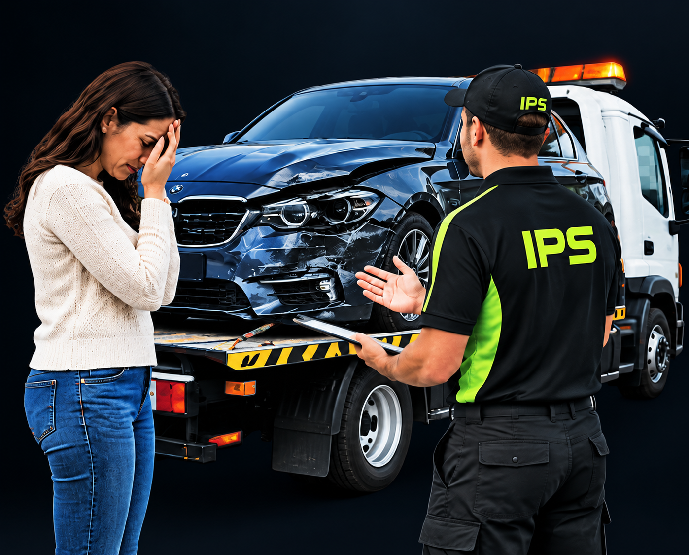 Damaged vehicle collected on a flatbed for repair